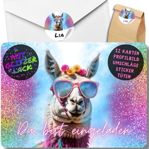 celebr8te 12x Party Lama Glitzer Einladungskarten - Für den Kindergeburtstag von Mädchen - Lustige Alpaka Geburtstagseinladungen +12 Umschlägen + 24 Sticker + 12 Geschenktüten celebr8te 12x Party Lama Glitzer Einladungskarten - Für den Kindergeburtstag von Mädchen - Lustige Alpaka Geburtstagseinladungen +12 Umschlägen + 24 Sticker + 12 Geschenktüten von celebr8te
