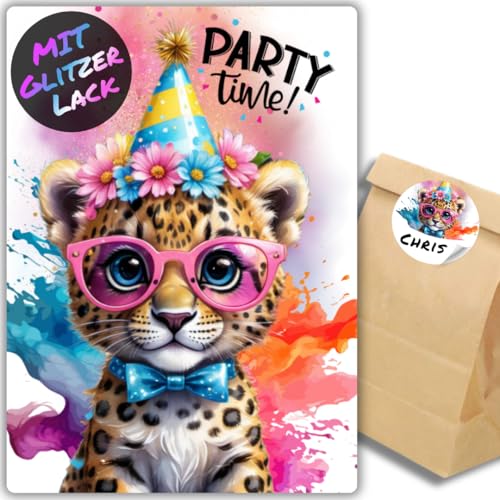 celebr8te 12x Party Leo Löwe Glitzer Einladungskarten - Teenager Kindergeburtstag Jungen & Mädchen - coole Tier Geburtstagseinladungen +12 Sticker +12 Geschenktüten von celebr8te