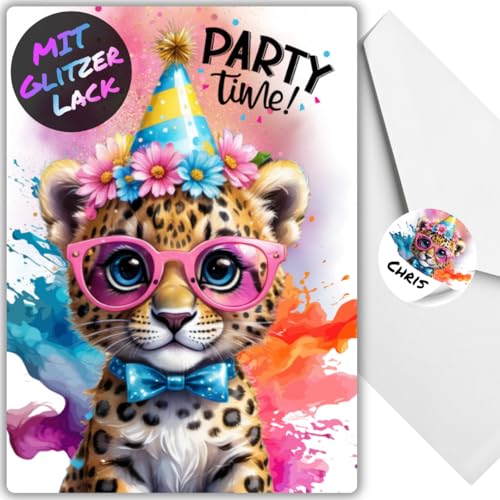 celebr8te 12x Party Leo Löwe Glitzer Einladungskarten - Teenager Kindergeburtstag Jungen & Mädchen - coole Tier Geburtstagseinladungen +12 Umschläge +12 Sticker von celebr8te