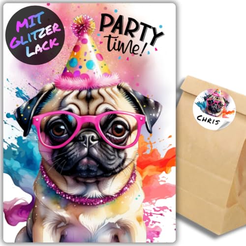 celebr8te 12x Party Mops Hund Glitzer Einladungskarten - Teenager Kindergeburtstag Jungen & Mädchen - coole Tier Geburtstagseinladungen +12 Sticker +12 Geschenktüten celebr8te 12x Party Mops Hund Glitzer Einladungskarten - Teenager Kindergeburtstag Jungen & Mädchen - coole Tier Geburtstagseinladungen +12 Sticker +12 Geschenktüten von celebr8te