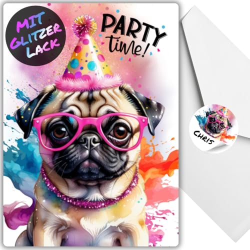 celebr8te 12x Party Mops Hund Glitzer Einladungskarten - Teenager Kindergeburtstag Jungen & Mädchen - coole Tier Geburtstagseinladungen +12 Umschläge +12 Sticker celebr8te 12x Party Mops Hund Glitzer Einladungskarten - Teenager Kindergeburtstag Jungen & Mädchen - coole Tier Geburtstagseinladungen +12 Umschläge +12 Sticker von celebr8te