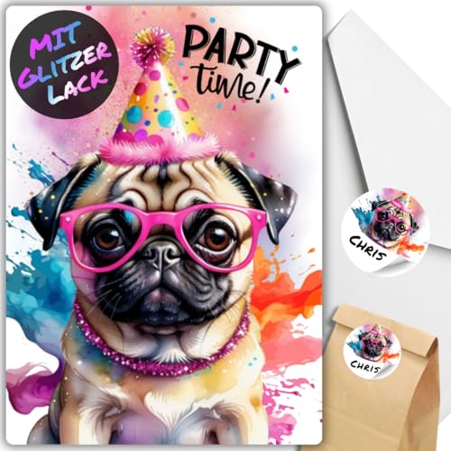 celebr8te 12x Party Mops Hund Glitzer Einladungskarten - Teenager Kindergeburtstag Jungen & Mädchen - coole Tier Geburtstagseinladungen +12 Umschläge +24 Sticker +12 Geschenktüten celebr8te 12x Party Mops Hund Glitzer Einladungskarten - Teenager Kindergeburtstag Jungen & Mädchen - coole Tier Geburtstagseinladungen +12 Umschläge +24 Sticker +12 Geschenktüten von celebr8te