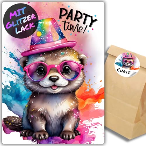 celebr8te 12x Party Otter Glitzer Einladungskarten - Teenager Kindergeburtstag Jungen & Mädchen - coole Tier Geburtstagseinladungen +12 Sticker +12 Geschenktüten von celebr8te