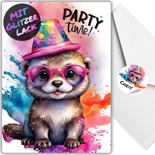 celebr8te 12x Party Otter Glitzer Einladungskarten - Teenager Kindergeburtstag Jungen & Mädchen - coole Tier Geburtstagseinladungen +12 Umschläge +12 Sticker von celebr8te