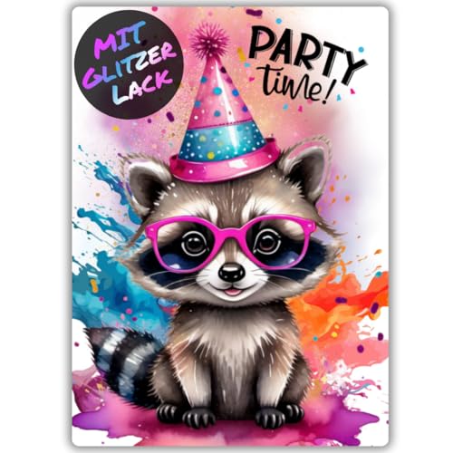 celebr8te 12x Party Racoon Waschbär Glitzer Einladungskarten - Teenager Kindergeburtstag Jungen & Mädchen - coole Tier Geburtstagseinladungen inkl. Messenger Bild & Urlaubsgutschein von celebr8te