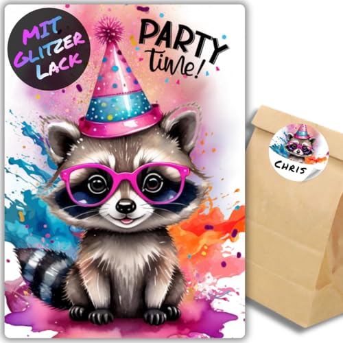 celebr8te 12x Party Racoon Waschbär Glitzer Einladungskarten - Teenager Kindergeburtstag Jungen & Mädchen - coole Tier Geburtstagseinladungen +12 Sticker +12 Geschenktüten celebr8te 12x Party Racoon Waschbär Glitzer Einladungskarten - Teenager Kindergeburtstag Jungen & Mädchen - coole Tier Geburtstagseinladungen +12 Sticker +12 Geschenktüten von celebr8te