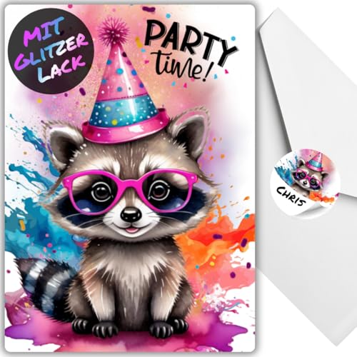 celebr8te 12x Party Racoon Waschbär Glitzer Einladungskarten - Teenager Kindergeburtstag Jungen & Mädchen - coole Tier Geburtstagseinladungen +12 Umschläge +12 Sticker von celebr8te
