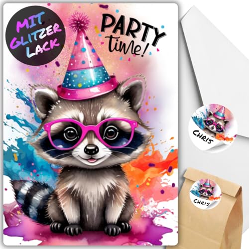 celebr8te 12x Party Racoon Waschbär Glitzer Einladungskarten - Teenager Kindergeburtstag Jungen & Mädchen - coole Tier Geburtstagseinladungen +12 Umschläge +24 Sticker +12 Geschenktüten celebr8te 12x Party Racoon Waschbär Glitzer Einladungskarten - Teenager Kindergeburtstag Jungen & Mädchen - coole Tier Geburtstagseinladungen +12 Umschläge +24 Sticker +12 Geschenktüten von celebr8te