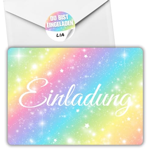 12x Glitzer Regenbogen Einladungskarten - Für den Kindergeburtstag von Mädchen - Glitzer Party Geburtstagseinladungen +12 Umschläge +12 Sticker von celebr8te