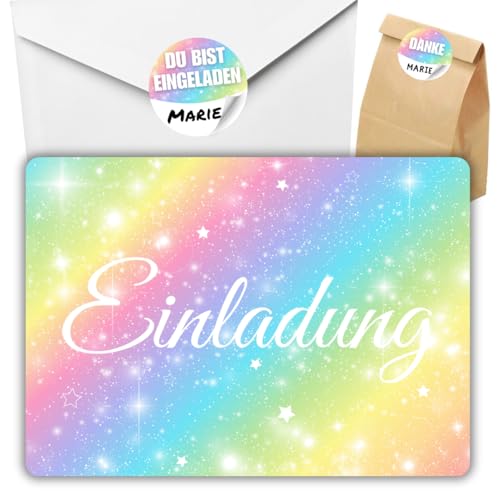 celebr8te 12x Glitzer Regenbogen Einladungskarten - Für den Kindergeburtstag von Mädchen - Glitzer Party Geburtstagseinladungen +12 Umschläge +24 Sticker +12 Geschenktüten von celebr8te