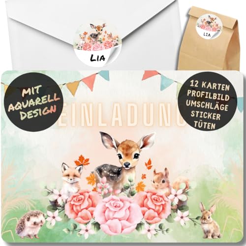 celebr8te 12x Waldtier Einladungskarten - Für den Kindergeburtstag von Mädchen - Tiere aus dem Wald Geburtstagseinladungen + 12 Umschläge + 24 Sticker + 12 Geschenktüten celebr8te 12x Waldtier Einladungskarten - Für den Kindergeburtstag von Mädchen - Tiere aus dem Wald Geburtstagseinladungen + 12 Umschläge + 24 Sticker + 12 Geschenktüten von celebr8te