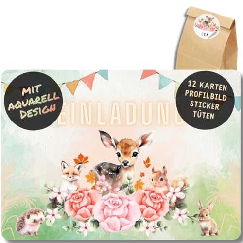 celebr8te 12x Waldtier Einladungskarten - Für den Kindergeburtstag von Mädchen - Tiere aus dem Wald Geburtstagseinladungen +12Sticker +12 Geschenktüten celebr8te 12x Waldtier Einladungskarten - Für den Kindergeburtstag von Mädchen - Tiere aus dem Wald Geburtstagseinladungen +12Sticker +12 Geschenktüten von celebr8te