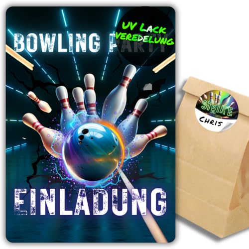 celebr8te 12x blaue Bowling Einladungskarten - Für den Kindergeburtstag von Jungen & Mädchen - Coole Partyeinladungen für Geburtstage +12 Sticker +12 Geschenktüten von celebr8te