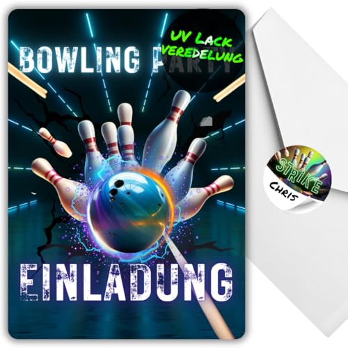 celebr8te 12x blaue Bowling Einladungskarten - Für den Kindergeburtstag von Jungen & Mädchen - Coole Partyeinladungen für Geburtstage +12 Umschläge +12 Sticker von celebr8te