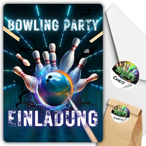 celebr8te 12x blaue Bowling Einladungskarten - Für den Kindergeburtstag von Jungen & Mädchen - Coole Partyeinladungen für Geburtstage +12 Umschläge +24 Sticker +12 Geschenktüten von celebr8te