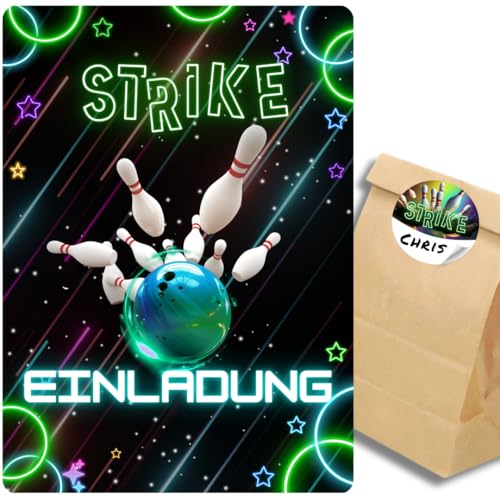celebr8te 12x grüne Bowling Einladungskarten - Für den Kindergeburtstag von Jungen & Mädchen - Coole Partyeinladungen für Geburtstage +12 Sticker +12 Geschenktüten von celebr8te