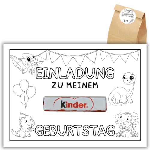 celebr8te 12x kreative Dino DIY Einladungskarten - Für den Kindergeburtstag von Jungen & Mädchen zum selbst gestalten - Partyeinladungen für Geburtstage +12 Sticker +12 Geschenktüten von celebr8te