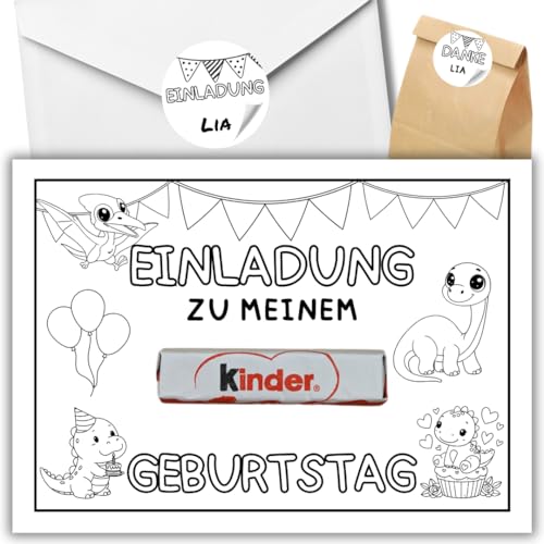 celebr8te 12x kreative Dino DIY Einladungskarten - Für den Kindergeburtstag von Jungen & Mädchen zum selbst gestalten - Partyeinladungen für Geburtstage +12 Umschläge +24 Sticker +12 Geschenktüten von celebr8te