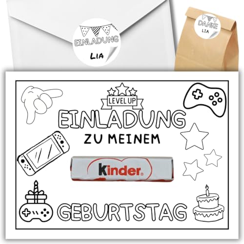 celebr8te 12x kreative Gaming DIY Einladungskarten - Für den Kindergeburtstag von Jungen & Mädchen zum selbst gestalten - Partyeinladungen für Geburtstage +12 Umschläge +24 Sticker +12 Geschenktüten von celebr8te