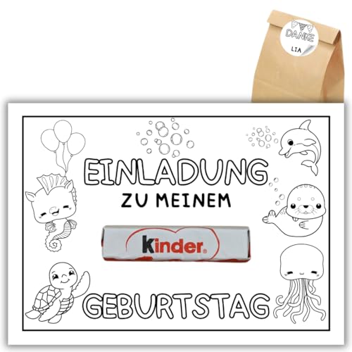 celebr8te 12x kreative Meerestiere DIY Einladungskarten - Für den Kindergeburtstag von Jungen & Mädchen zum selbst gestalten - Partyeinladungen für Geburtstage +12 Sticker +12 Geschenktüten von celebr8te