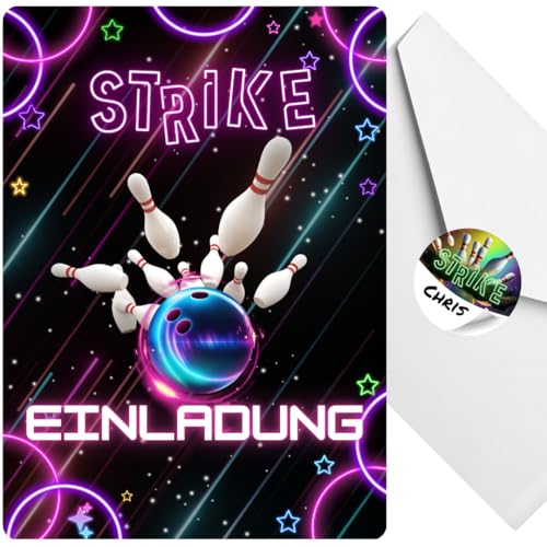 celebr8te 12x pinke Bowling Einladungskarten - Für den Kindergeburtstag von Jungen & Mädchen - Coole Partyeinladungen für Geburtstage +12 Umschläge +12 Sticker von celebr8te