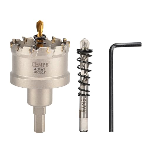 CENYB 1-31/32" (50mm) Wolframkarbid-Lochsäge Hartmetall-Bohrer mit 2 titanbeschichteten Zentrierbohrern für Hartmetall, Edelstahl, Eisen, Aluminiumlegierung, Holz und Kunststoff von cenyb