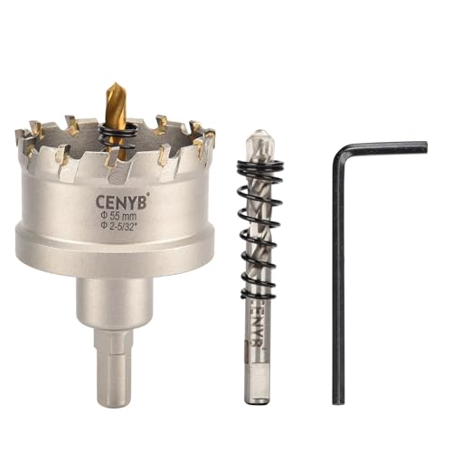 CENYB 2-5/32" (55mm) Wolframkarbid-Lochsäge Hartmetall-Bohrer mit 2 titanbeschichteten Zentrierbohrern für Hartmetall, Edelstahl, Eisen, Aluminiumlegierung, Holz und Kunststoff von cenyb