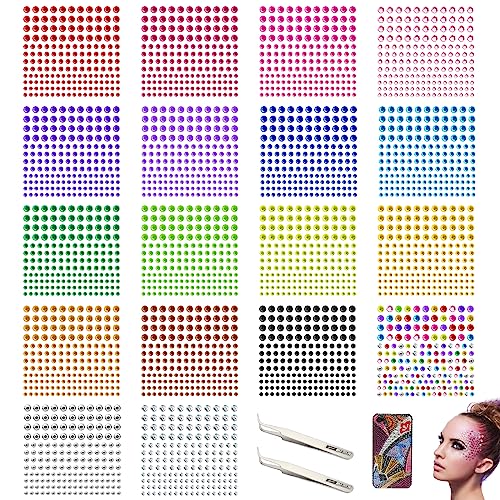 cersaty® 3096 Stk Glitzersteine Selbstklebend, Acryl Glitzersteine Gesicht mit 2 Stk Pinzette für Gesicht,Körper,DIY Kunst,Kunsthandwerk(3mm/4mm/6mm) von cersaty