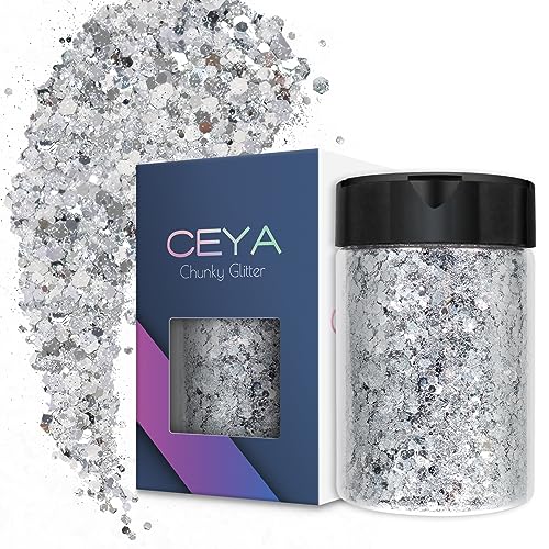 Ceya Chunky Glitter, 140 g, helles Silber, Bastelglitzerpulver, gemischt, feine Flocken, schillernde Nagelpailletten für Nagelkunst, Haar, Epoxidharz, Becher, Schleim, Malerei, Festival-Dekoration Ceya Chunky Glitter, 140 g, helles Silber, Bastelglitzerpulver, gemischt, feine Flocken, schillernde Nagelpailletten für Nagelkunst, Haar, Epoxidharz, Becher, Schleim, Malerei, Festival-Dekoration von ceya