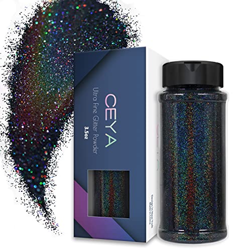 Ceya Feiner Schleim, Glitzer, 3.5oz/100 g, holografisch, ultra-hochwertig, schwarz, feines Glitzerpuder, 0,2 mm, für Epoxidharz, Basteln, Schleim, Nagelkunst, Festival, Scrapbooking, Hochzeitskarten von ceya