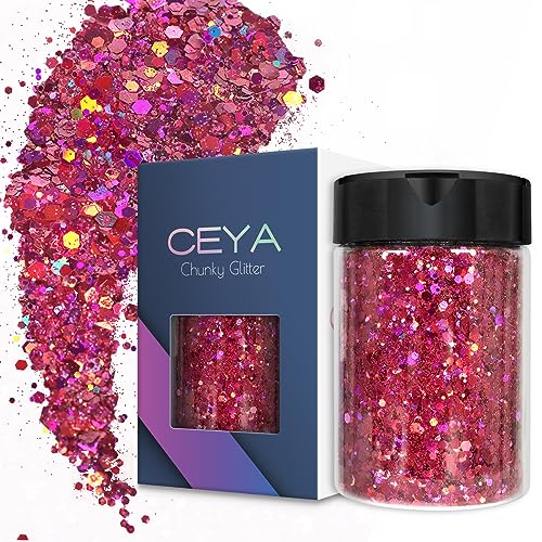 Ceya Holografischer, grober Glitzer, 3.5oz/100 g, Rosenrot, Bastelglitzer, gemischte grobe feine Flocken, schillernde Nagel-Pailletten, für Epoxidharz, Becher, Schleim, Malerei, Festival-Dekoration von ceya