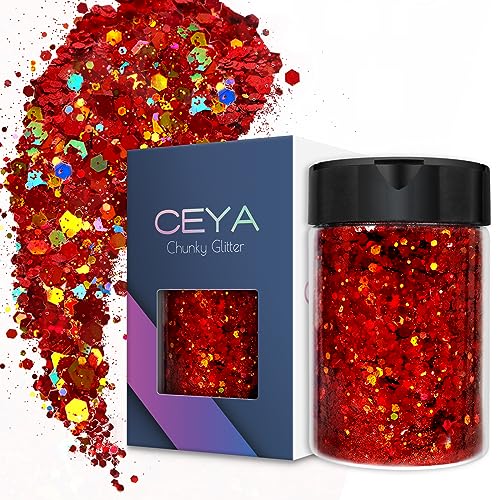 Ceya Holografischer, grober Glitzer, 3.5oz/100 g, rotes Bastelglitzer-Pulver, gemischte grobe feine Flocken, schillernde Nagel-Pailletten für Epoxidharz, Becher, Schleim, Malerei, Festival-Dekoration von ceya