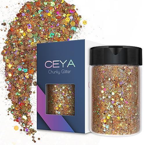 Ceya Holografischer grober Glitzer, 140 g, goldenes Glitzerpulver, gemischt, klobige und feine Flocken, schillernde Nagelpailletten für Nagelkunst, Haar, Epoxidharz, Becher, Schleim, Malerei Ceya Holografischer grober Glitzer, 140 g, goldenes Glitzerpulver, gemischt, klobige und feine Flocken, schillernde Nagelpailletten für Nagelkunst, Haar, Epoxidharz, Becher, Schleim, Malerei von ceya