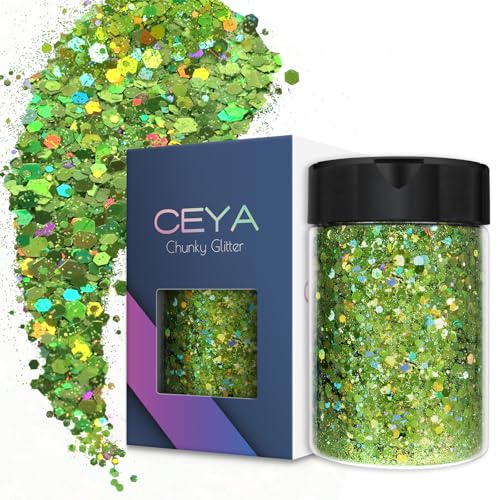 Ceya Holografischer grober Glitzer, 3.5oz/100 g, Hellgrün, Bastelglitzer, gemischte grobe und feine Flocken, schillernde Nagel-Pailletten für Nägel, Haare, Epoxidharz, Becher Ceya Holografischer grober Glitzer, 3.5oz/100 g, Hellgrün, Bastelglitzer, gemischte grobe und feine Flocken, schillernde Nagel-Pailletten für Nägel, Haare, Epoxidharz, Becher von ceya
