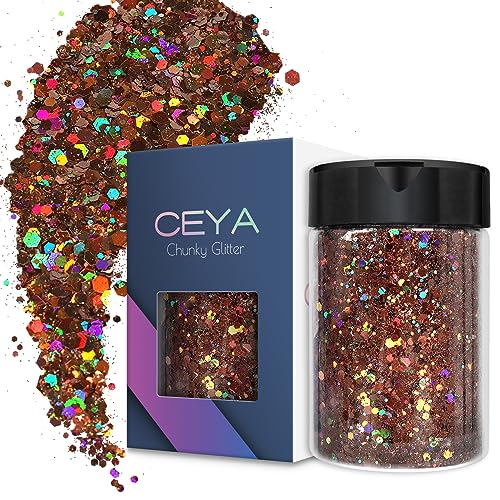 Ceya Holografischer klobiger Glitzer, 3.5oz/100 g, braunes Bastelglitzer-Pulver, gemischte grobe und feine Flocken, schillernde Nagel-Pailletten für Epoxidharz, Becher, Schleim, Festival-Dekoration von ceya