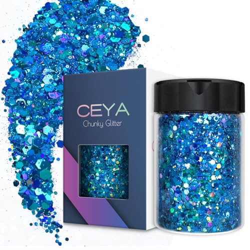 Ceya Holografischer klobiger Glitzer, 3.5oz/100 g, himmelblau, Bastelglitzer, gemischte grobe und feine Flocken, schillernde Nagelpailletten für Epoxidharz, Tumbler, Schleim, Festival-Dekoration von ceya