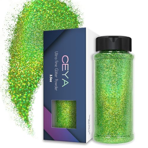 Ceya Holografischer ultrafeiner Glitzer, 3.5oz/100g, Laser Hellgrün Glitzer 0,2 mm für Schleim Epoxidharz Bastelbecher Schmuck Nagelkunst Festival Make-up Malere von ceya