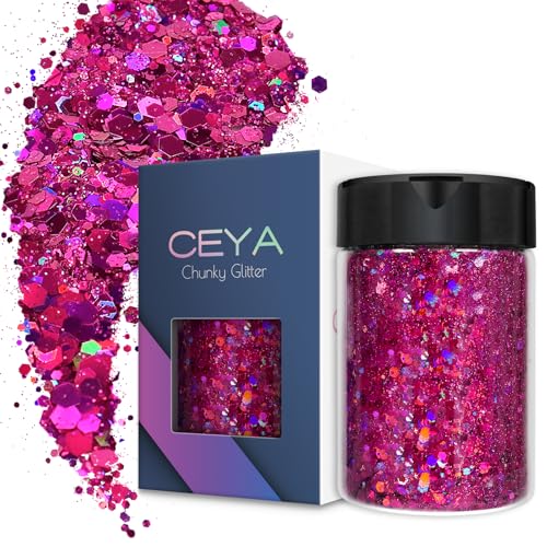 Ceya Holographischer grober Glitzer, 120 g, Fuchsia-Glitzerpulver, gemischte dicke und feine Flocken, schillernde Nagel-Pailletten für Nagelkunst, Haare, Epoxidharz, Becher, Festival-Dekoration von ceya