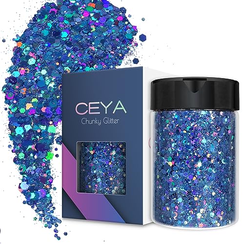 Ceya Holographischer grober Glitzer, 120 g, blaues Bastelpulver, gemischte dicke und feine Flocken, schillernde Nagelpailletten für Nagelkunst, Haare, Epoxidharz, Becher, Festival-Dekoration Ceya Holographischer grober Glitzer, 120 g, blaues Bastelpulver, gemischte dicke und feine Flocken, schillernde Nagelpailletten für Nagelkunst, Haare, Epoxidharz, Becher, Festival-Dekoration von ceya