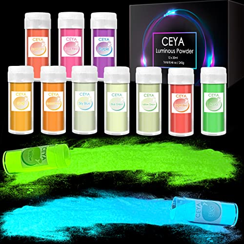 Ceya Leuchtpulver-Set, 12 Farben, 240 g, leuchtet im Dunkeln, leuchtendes Pulver, Harz-Farbpigmente, fluoreszierende Pigmentfarbe für Epoxidharz, Schleim, Acrylfarbe, Nagelkunst, Party, DIY Handwerk von ceya