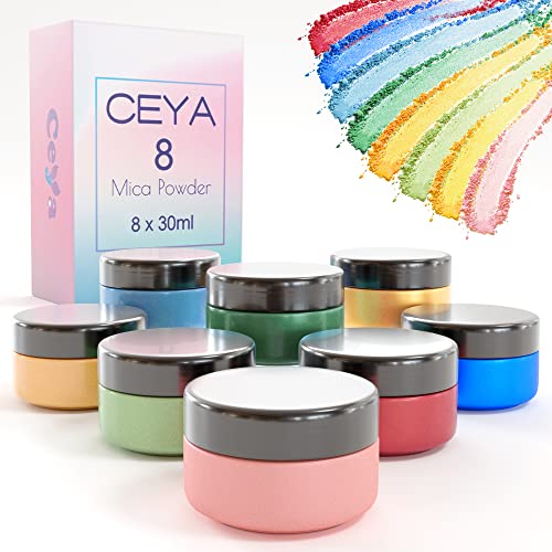 Ceya Mica Powder Set mit 8 Farben, 2,8 oz/80 g, Perlmutt-Pastellfarben, Seifeneffekt, je 0,35 OZ Epoxid-Pigment, Teint-Pulver, Kerzenfarbe, Badebombe Slime, Nagellack, Schmuck djy von ceya