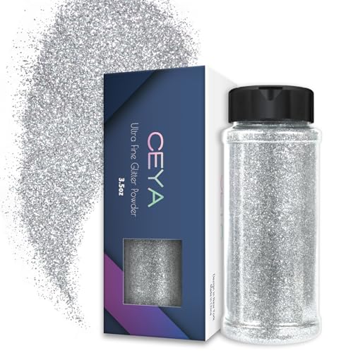 Ceya Ultrafeines Glitzerpuder, 3.5oz/100 g, extra fein, funkelnd, silberfarben, Basteln, Glitzerstaub, für Epoxidharz, Tumbler, Schleim, Nagelkunst, Festival, Scrapbooking, Hochzeitskarten, Malerei von ceya