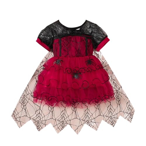 cfpqv Mädchen Halloween mit Spitze und Netzstoff, Kuchenkleid, Kostüm Rot Schwarz Karierter (Red, 6-7 Years) von cfpqv