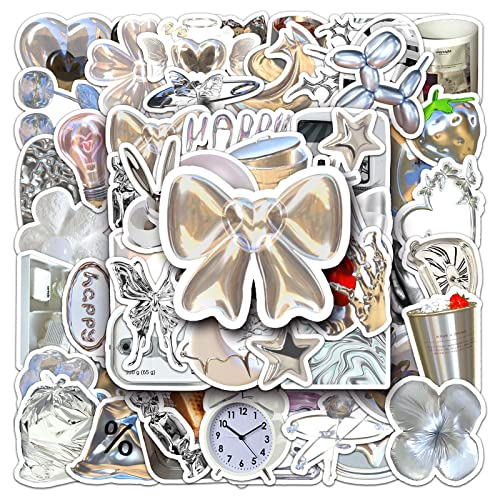 100 Blatt Vintage Aufkleber Set, Wasserfeste Vinyl Sticker, Vintage Ästhetische Süße Schleife Aufkleber, für Geburtstagsparty Sammelalbum Skateboard Telefon Laptop (Silbrig) von champracer