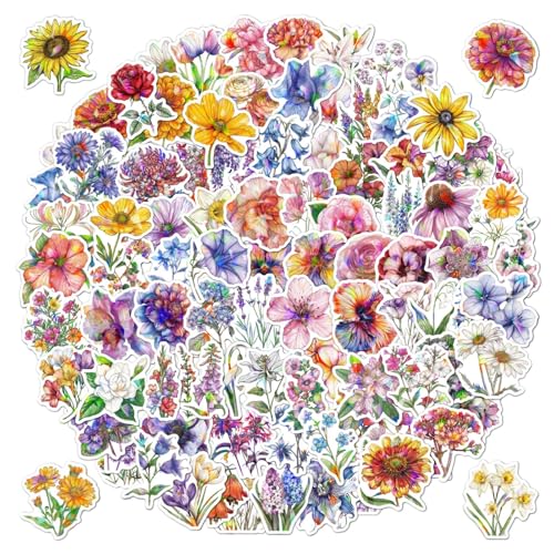 100 Stück Blumenaufkleber, Wasserdicht Vinyl Blumen Pflanze Sticker Set, für Laptop Wasserflaschen Skateboard Gepäck Auto Motorrad Fahrrad Gitarre etc (Blume Aufkleber) von champracer