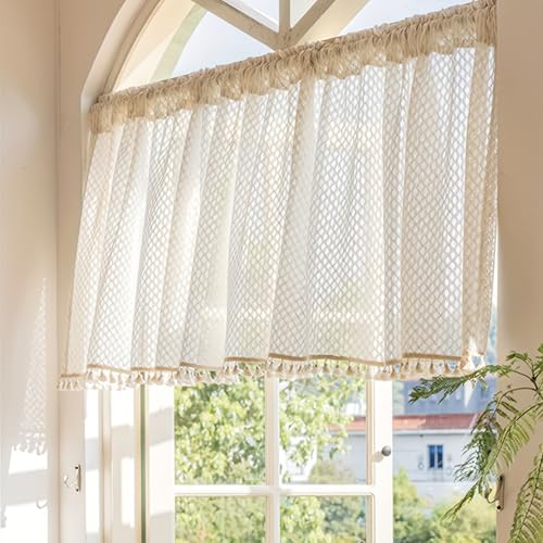Scheibengardinen Leinen, Bistrogardine Boho, Häkelgardine Landhaus Mit Fransen, Kurzgardine Landhausstil Vintage, Modern Spitze Halbe Gardinen Fenster Transparent Für Kleine Fenster (BxH 71x61 cm) von champracer