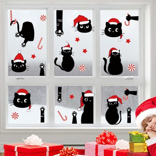 Schwarzer Katzenaufkleber Winter Kinder,Fensteraufkleber Weihnachten Selbstklebend,Fensterbilder Weihnachten,Wiederverwendbar Weihnachtsdeko,Fensterfolie Weihnachten Kinderzimmer (Schwarzer Katzen) von champracer