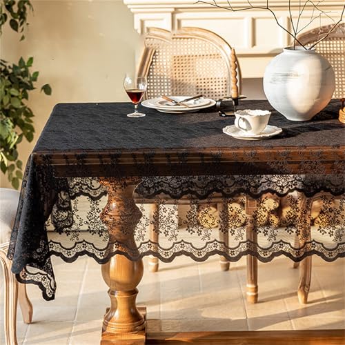 Tischdecke aus weißer Spitze, Spitze Tischdecke Gestickt Elegante Florale Muster Tischtuch,Spitze Boho Tischtuch Modern Beige Hochzeit Tischwäsche,Lange Abendessen Home Decor (Schwarz 1,140x220 cm) von champracer