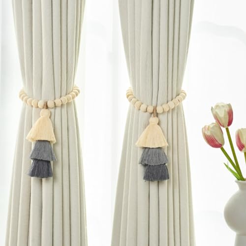 Vorhang Raffhalter Magnetische,Vorhang Raffhalte Regenbogen Boho Vorhanghalter, 2 Stück Regenbogen Quasten Gardinenhalter mit Holzperle, Vorhang-Raffhalter magnetische (Holzperle dunkelgrau) von champracer