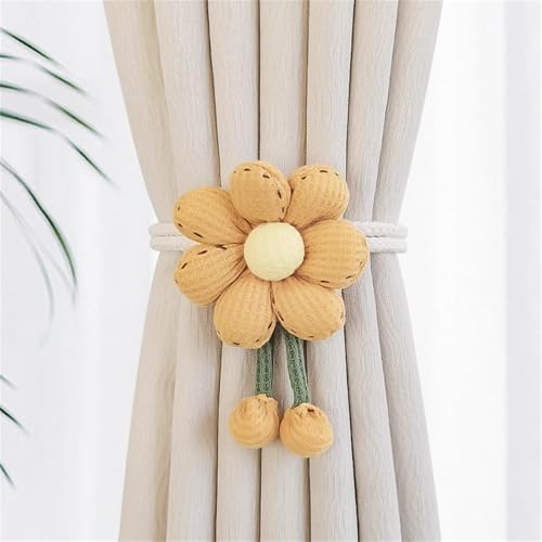 champracer 2 Stück Vorhang Raffhalter Blumen Vorhanghalter Handgefertigte Gestrickte Vorhang Halter Elastische Gardinenhalter Zugband Gardinen Kordel für Büro Hausdekoration (Gelb,45 cm) von champracer